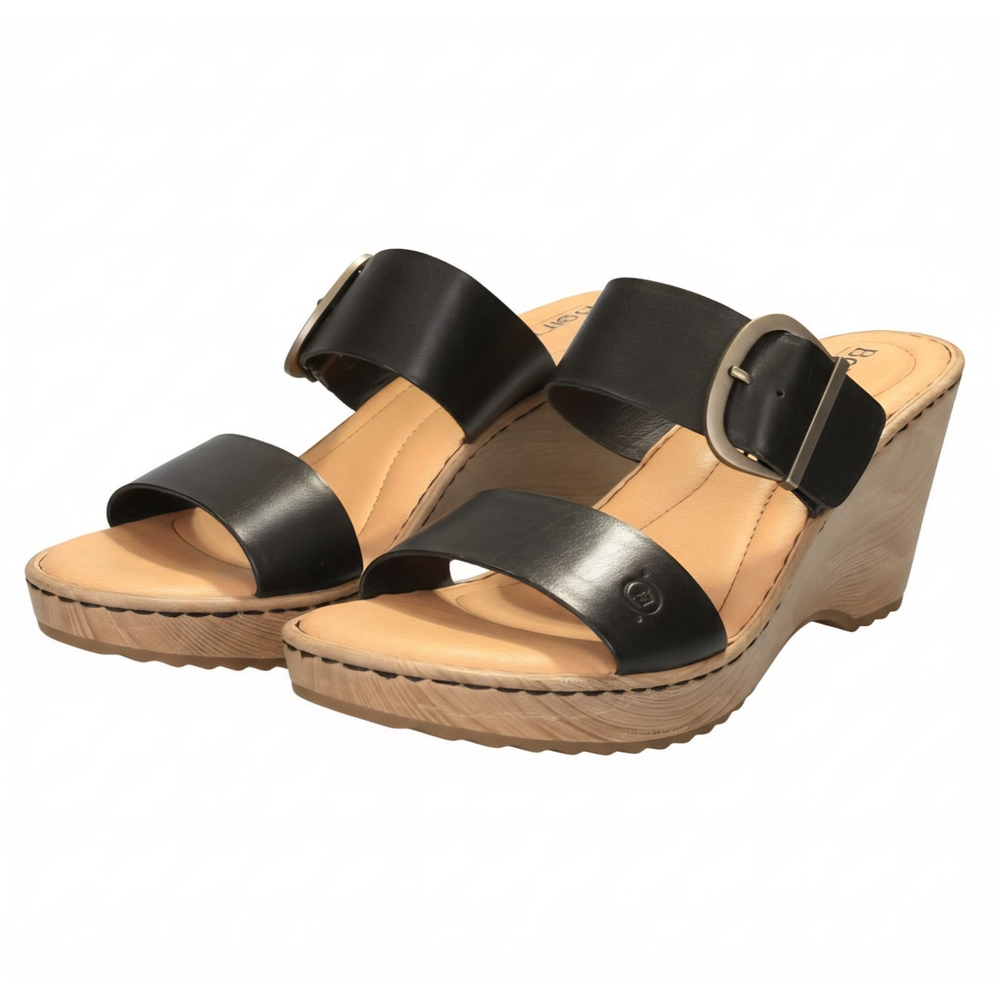 Born Women's Emily LEATHER Buckle Straps Wedge Mule Sandals 10 M BLACK - Picture 3 of 15